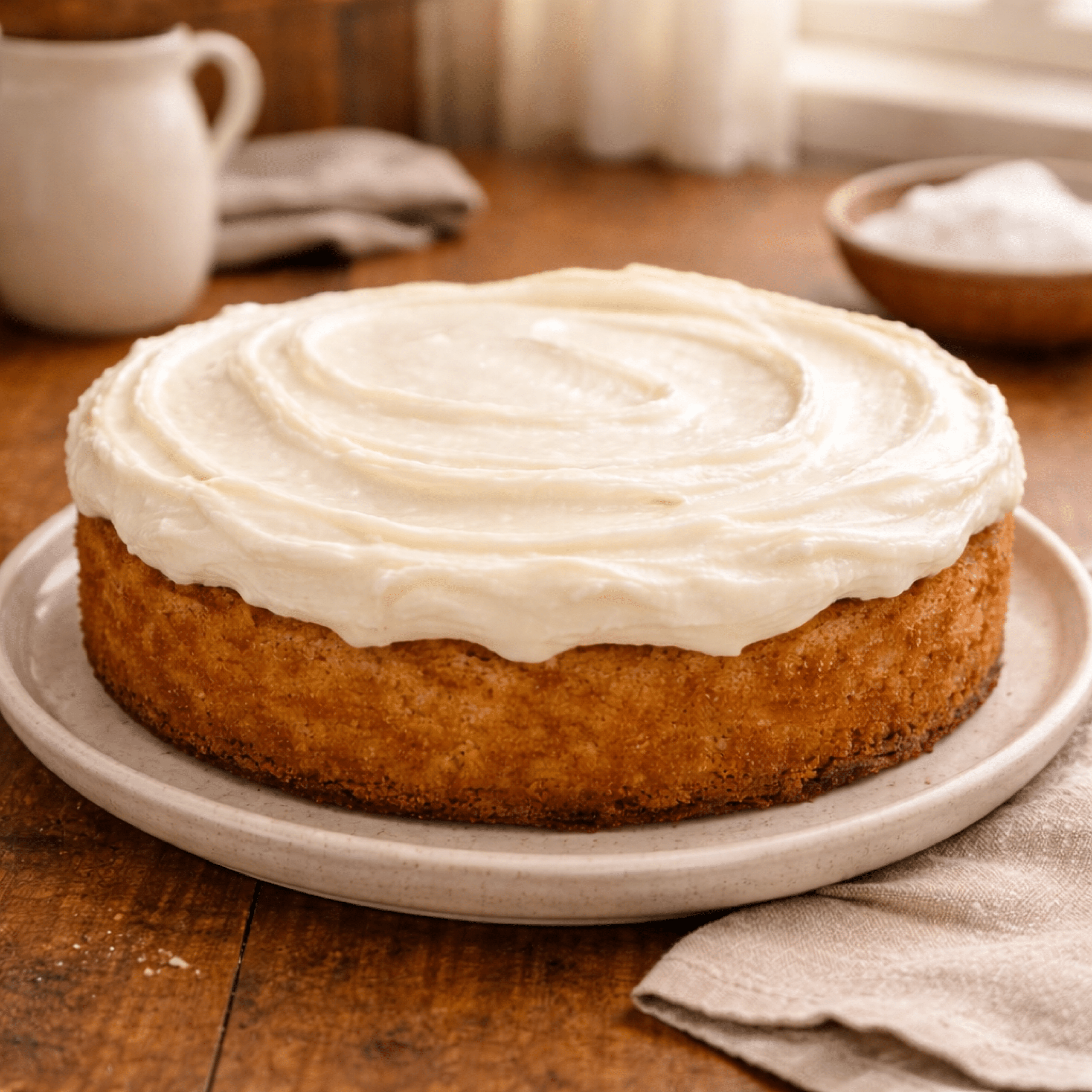 Single-layer golden cake topped with smooth, creamy powdered sugar frosting spread in soft swirls and served on a rustic plate.