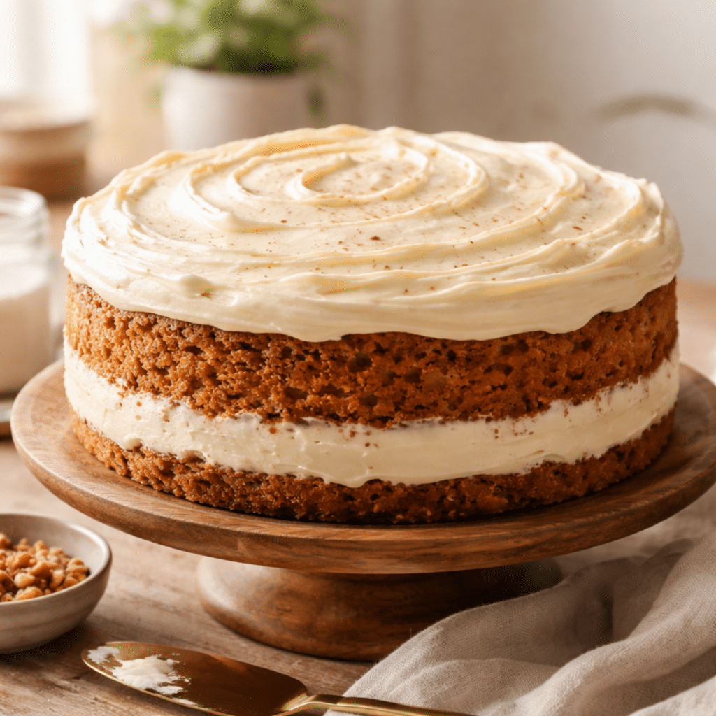 Layered cake frosted with vegan cream cheese frosting, showing smooth swirls on top, a creamy filling between layers, and a moist crumb.