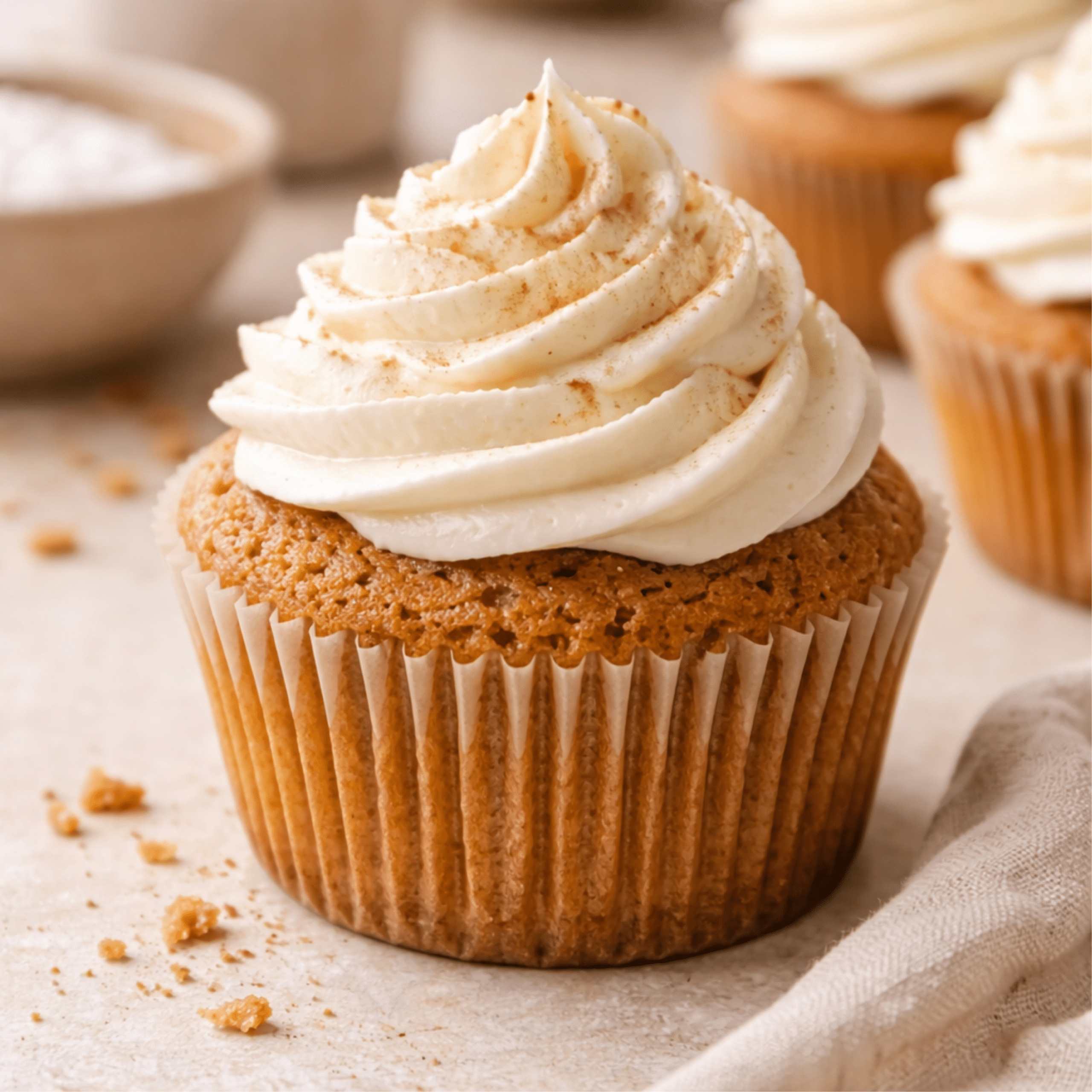 Carrot cupcake topped with a tall swirl of vegan cream cheese frosting, showing a soft spiced crumb and creamy dairy-free frosting finish.