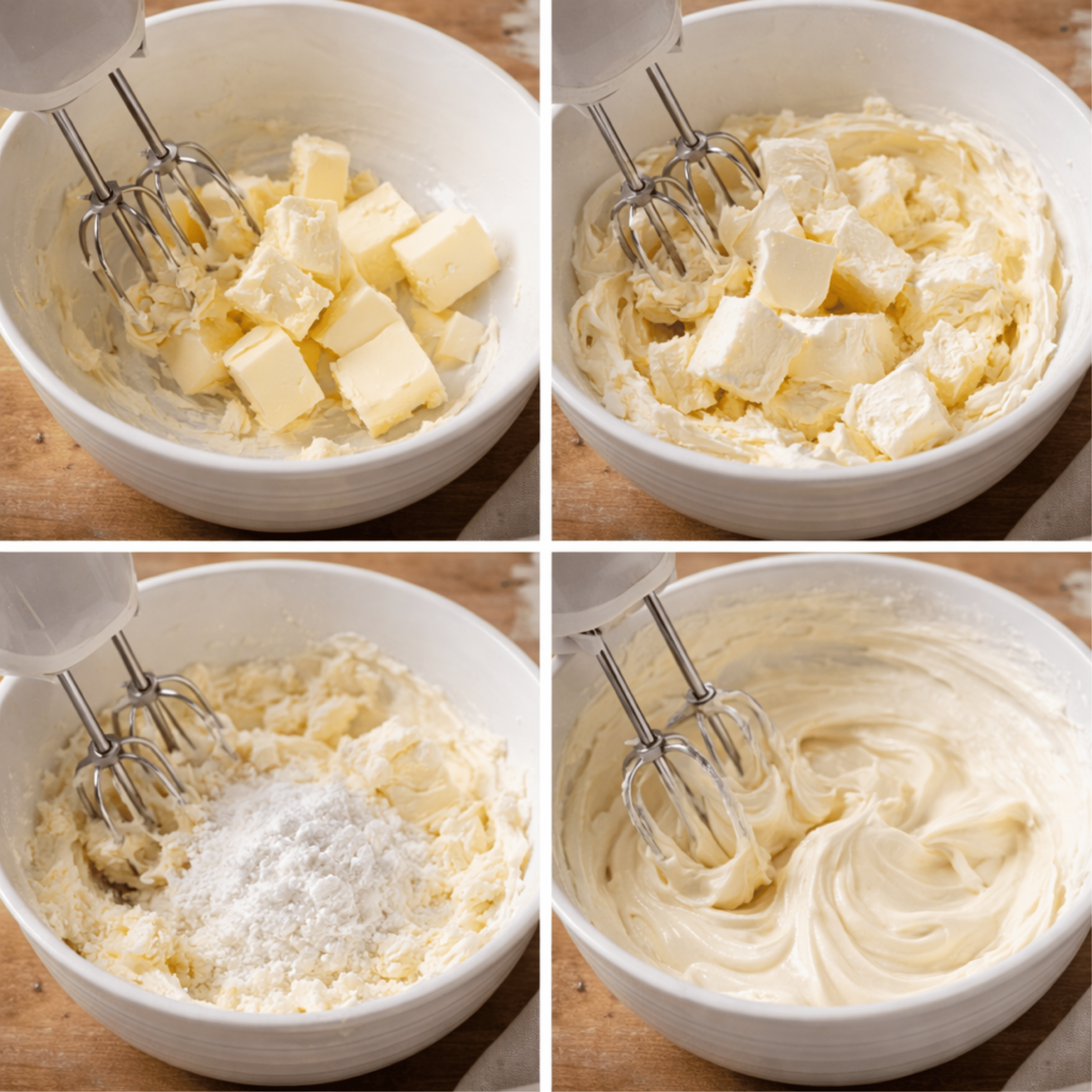Step-by-step process of making vegan cream cheese frosting, showing dairy-free cream cheese and vegan butter being mixed, sweetened, and whipped until smooth.