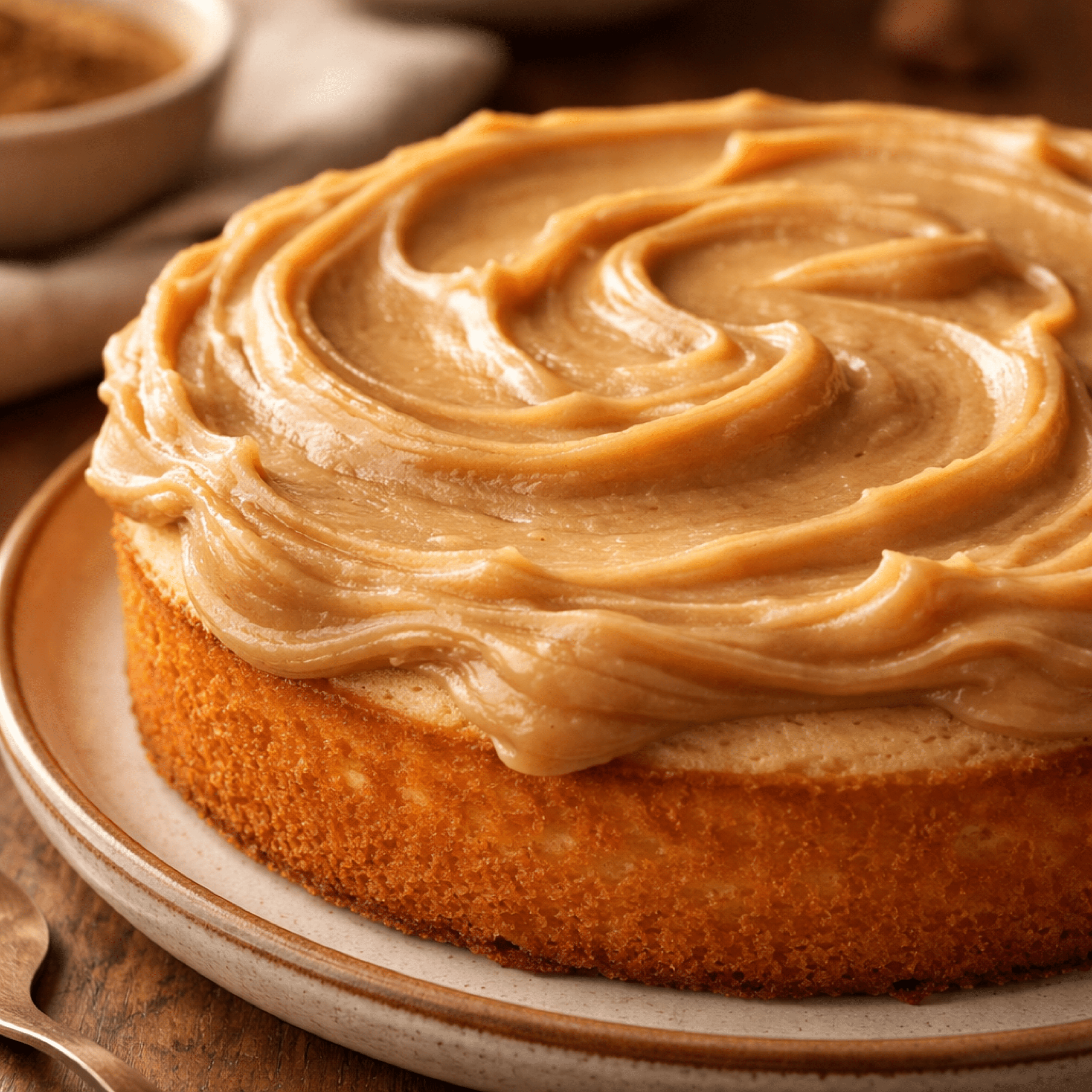 Single-layer cake topped with smooth, glossy brown sugar frosting, showing rich caramel color and thick swirls spread evenly over the top.