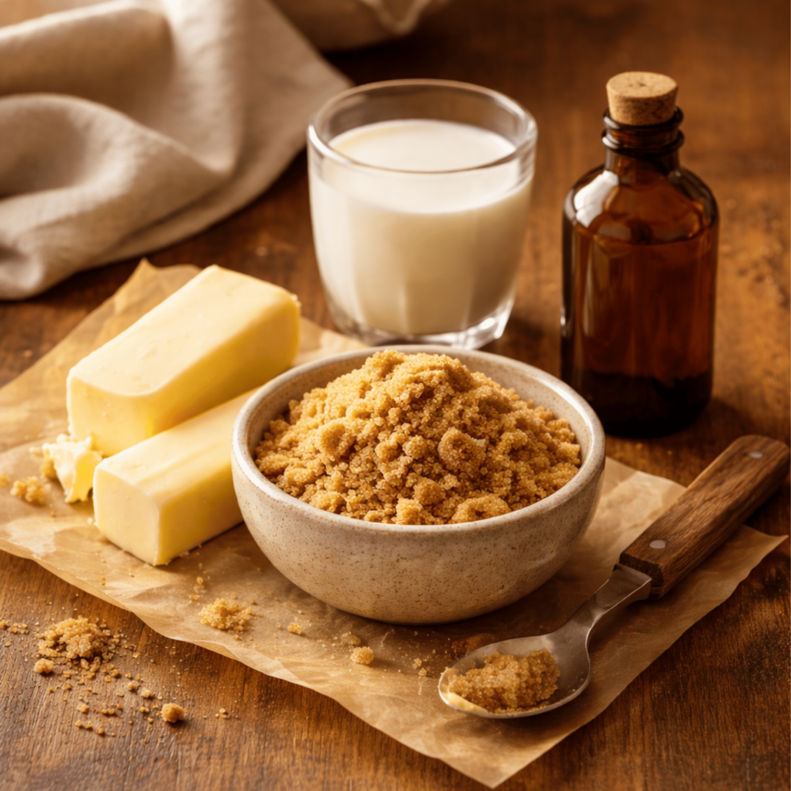 Ingredients for brown sugar frosting arranged on a wooden surface, including brown sugar, butter, milk, and vanilla for a rich caramel flavor.