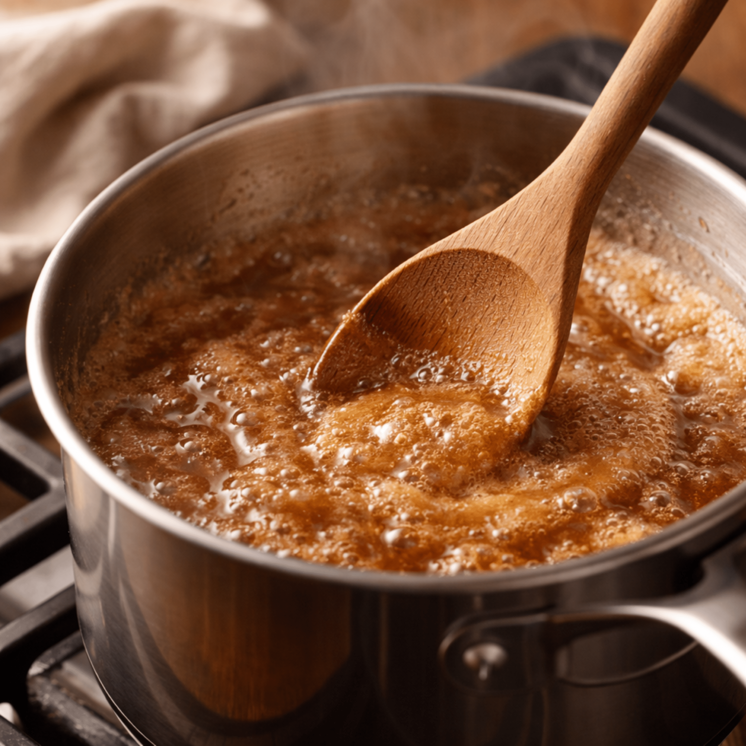 Brown sugar frosting simmering in a saucepan on the stove, showing bubbling caramel texture as the brown sugar frosting cooks and thickens.