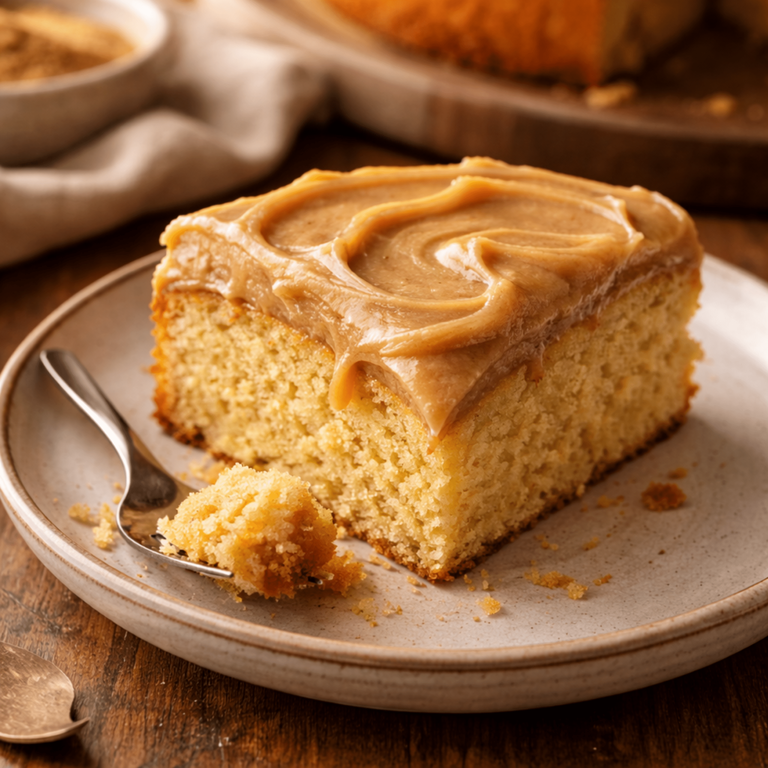Slice of vanilla cake topped with thick brown sugar frosting, showing a moist golden crumb and smooth caramel swirls on top.