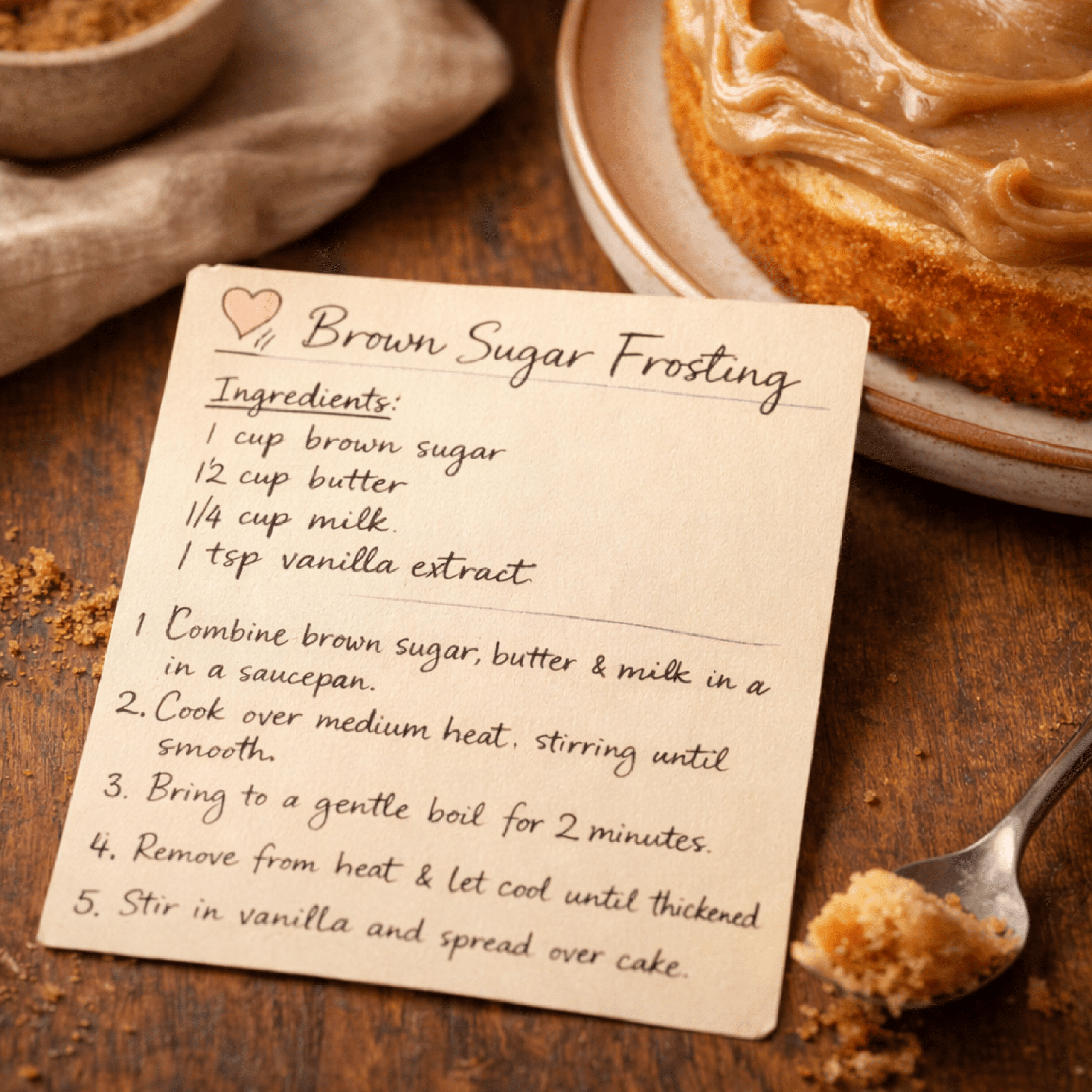 Handwritten brown sugar frosting recipe card displayed beside a frosted cake, showing ingredients and steps for making rich brown sugar frosting.