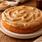 Single-layer vanilla cake topped with smooth brown sugar frosting, featuring rich caramel-colored swirls and a thick, glossy finish.