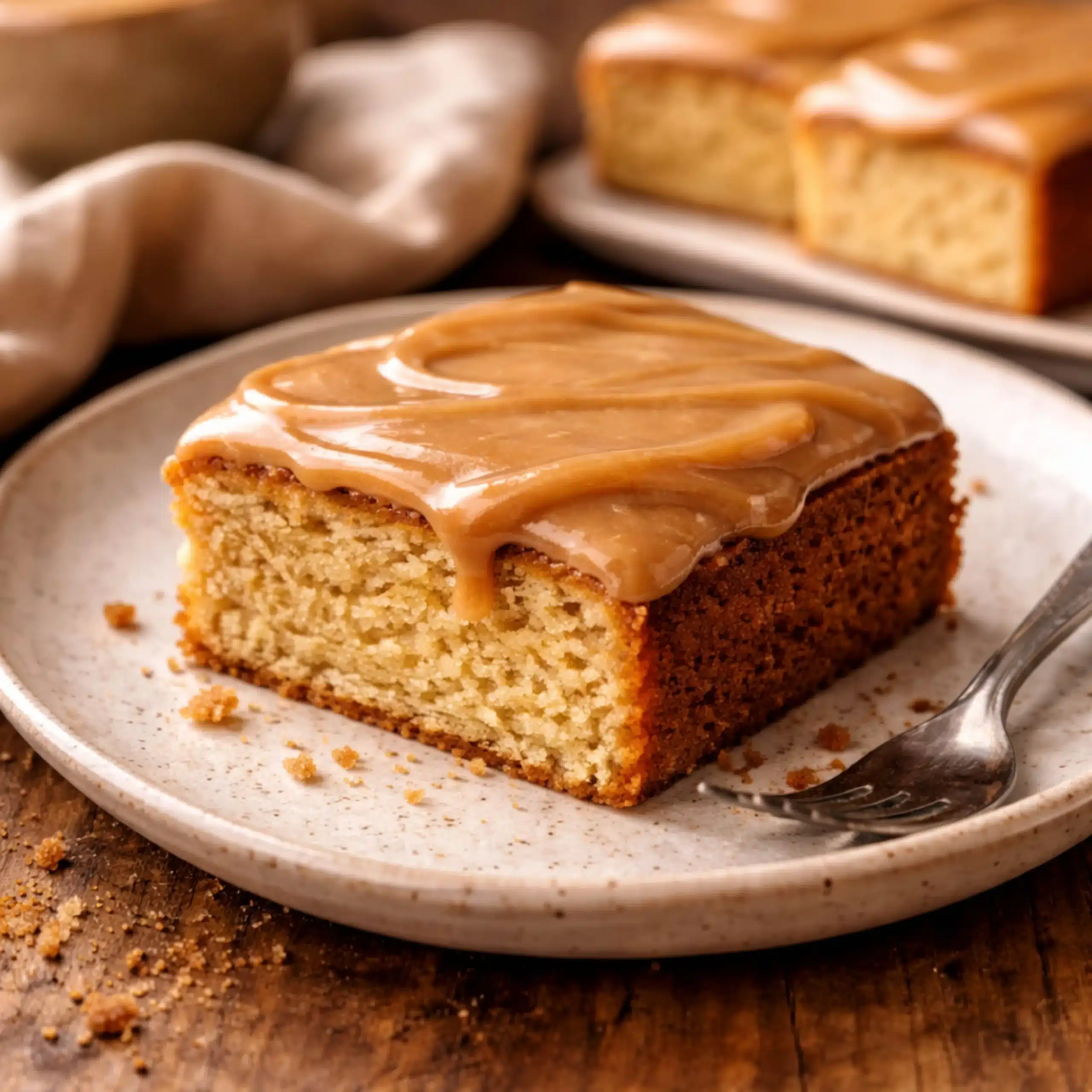 cake topped with brown sugar icing