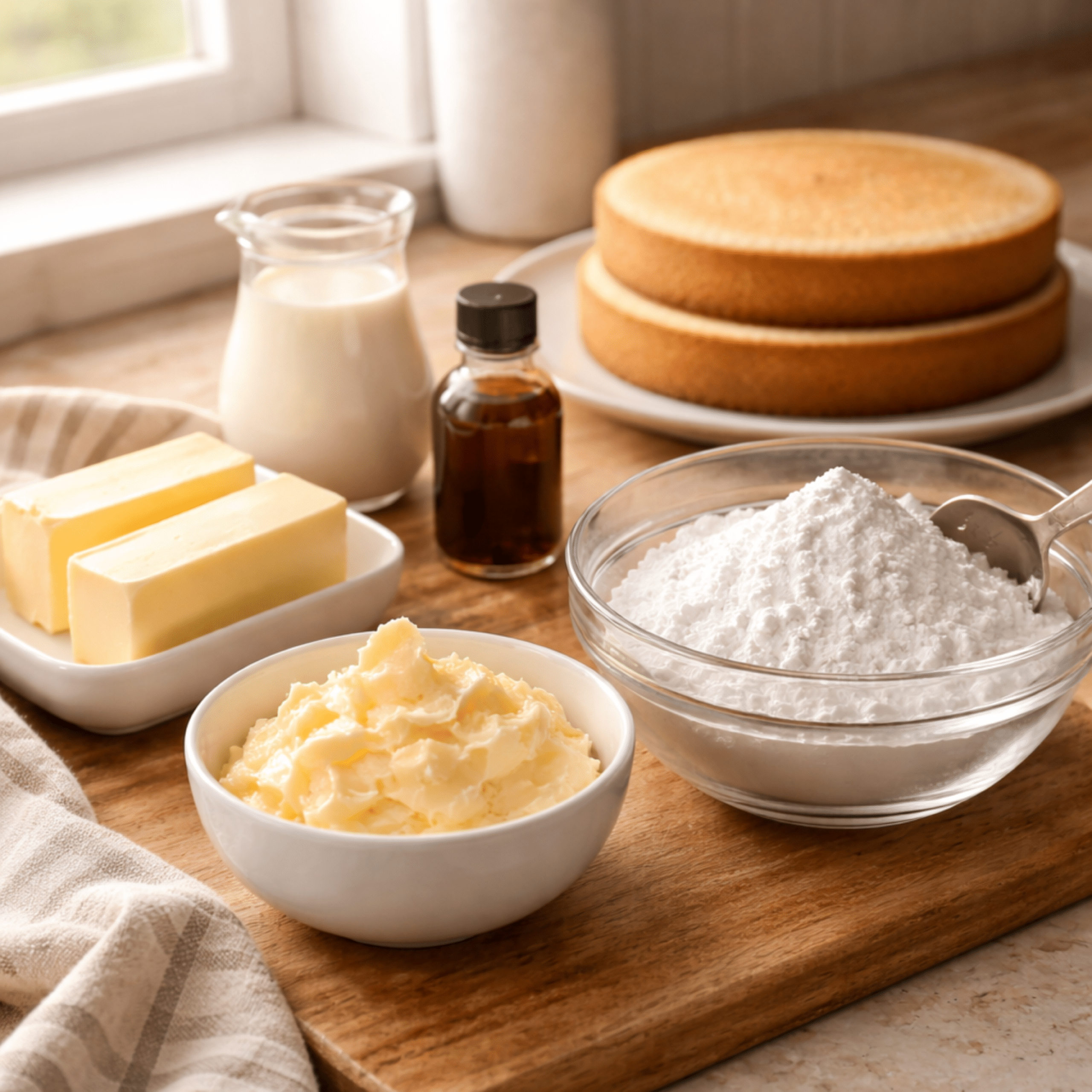 Buttercream cake ingredients arranged on a wooden board, including butter, powdered sugar, cream, vanilla, and baked cake layers.