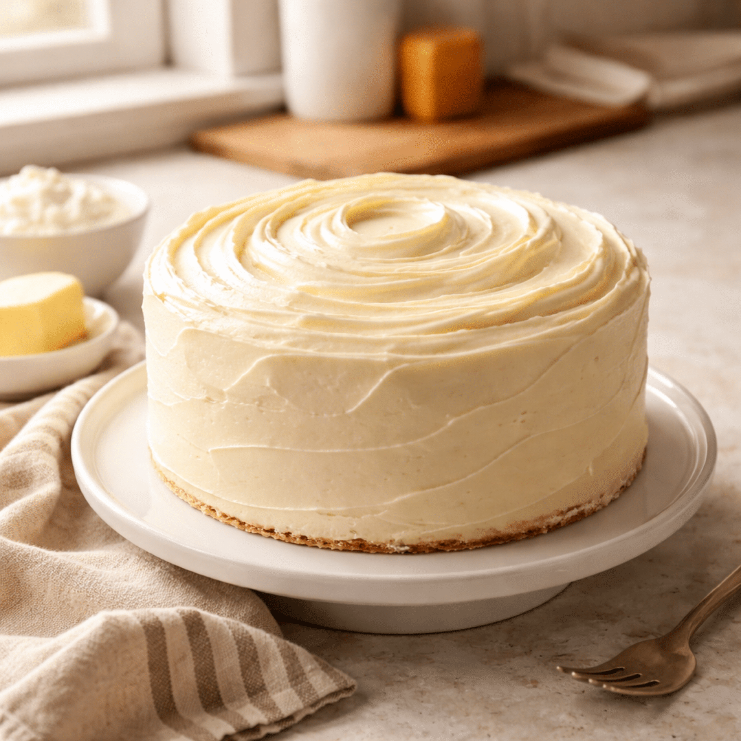 Tall, single-layer buttercream cake frosted smoothly with soft spiral swirls on top, showcasing a creamy finish on a white cake stand.