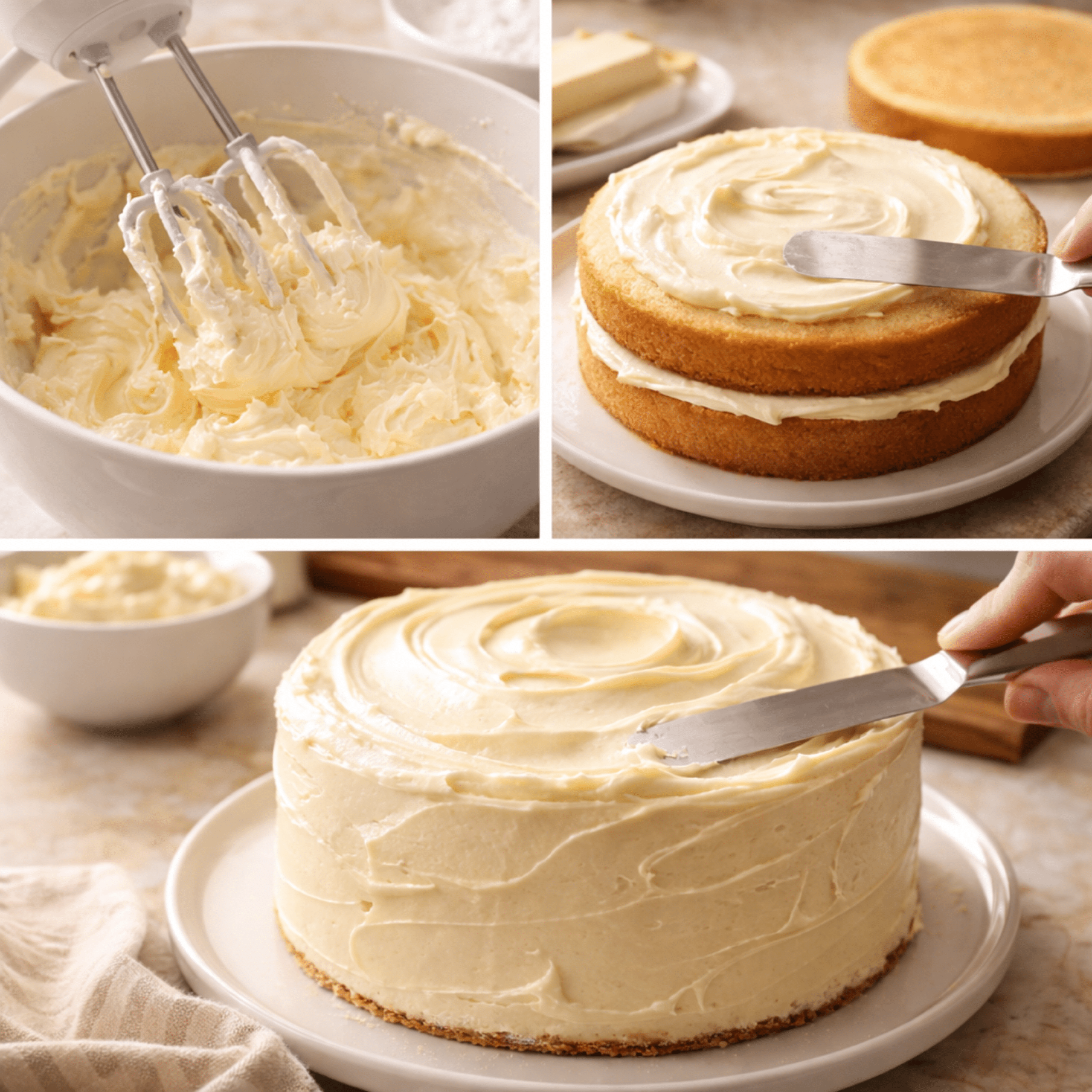 Step-by-step process of making a Buttercream Cake, showing whipped frosting in a bowl, frosting between cake layers, and smooth finishing swirls.