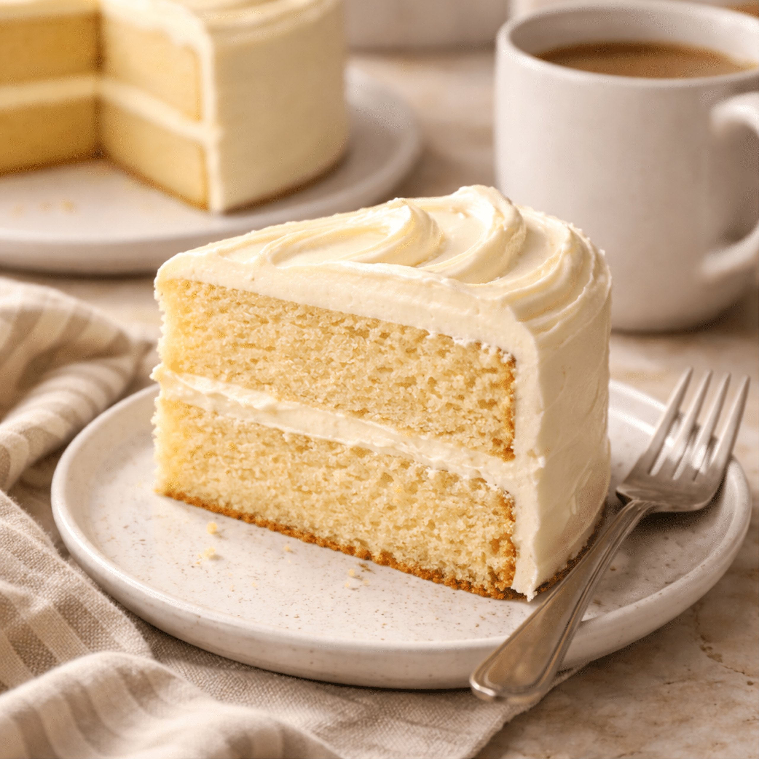 Slice of Buttercream Cake with two tender layers and creamy frosting between and on top, showing a moist crumb and smooth swirl finish.