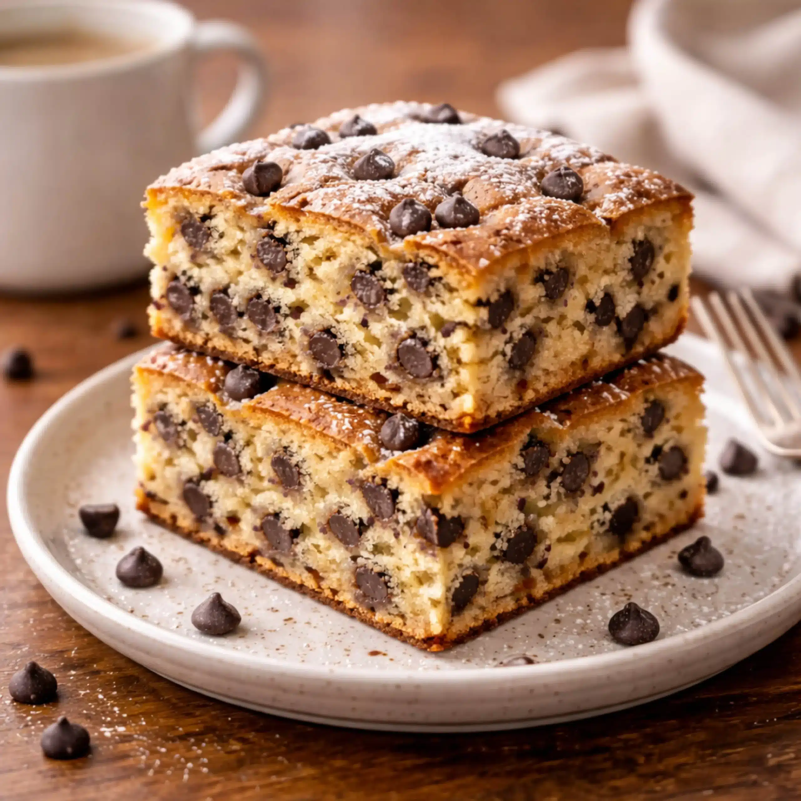 chocolate chip cake slices served