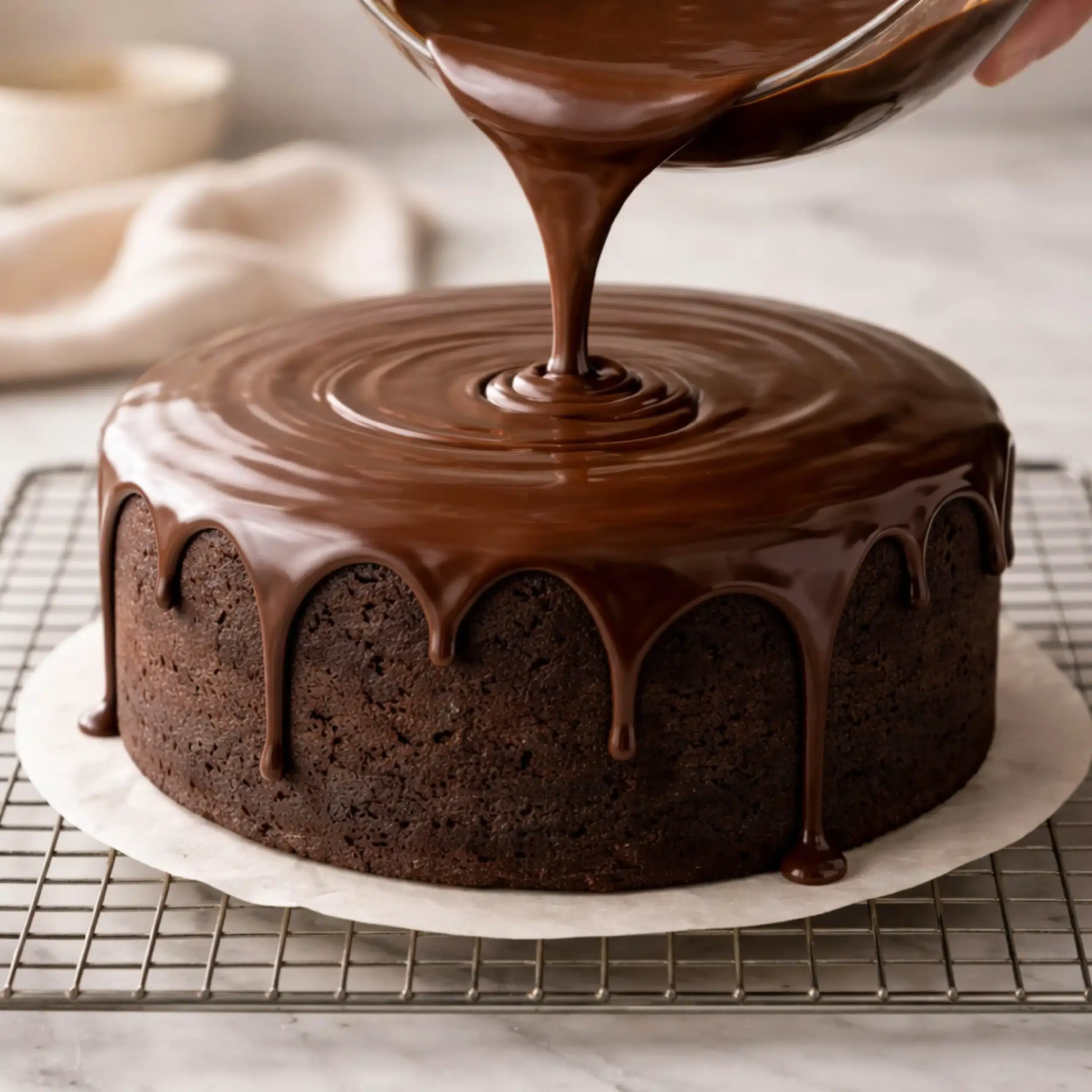 pouring ganache on chocolate cake