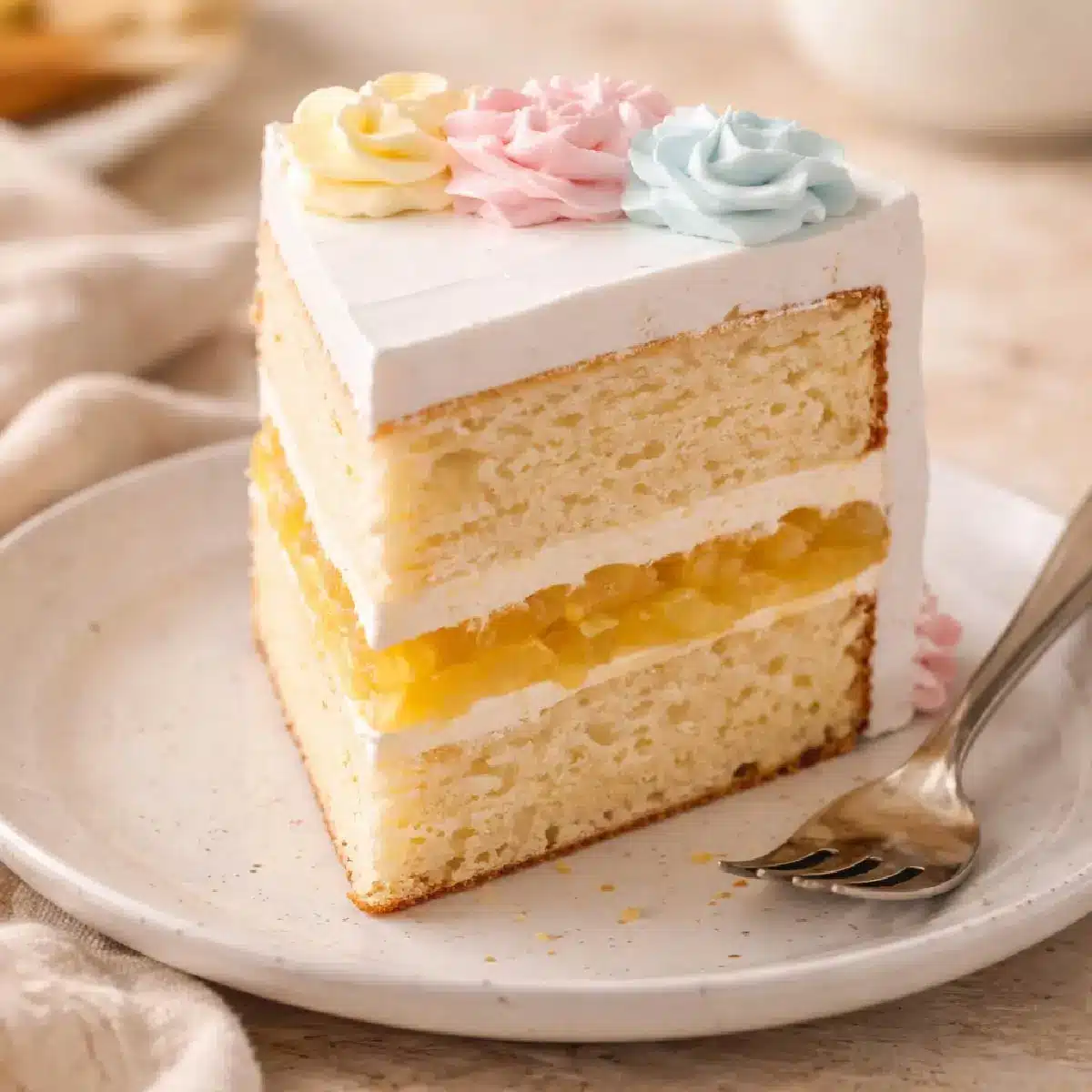 sliced celebration cake with pineapple filling
