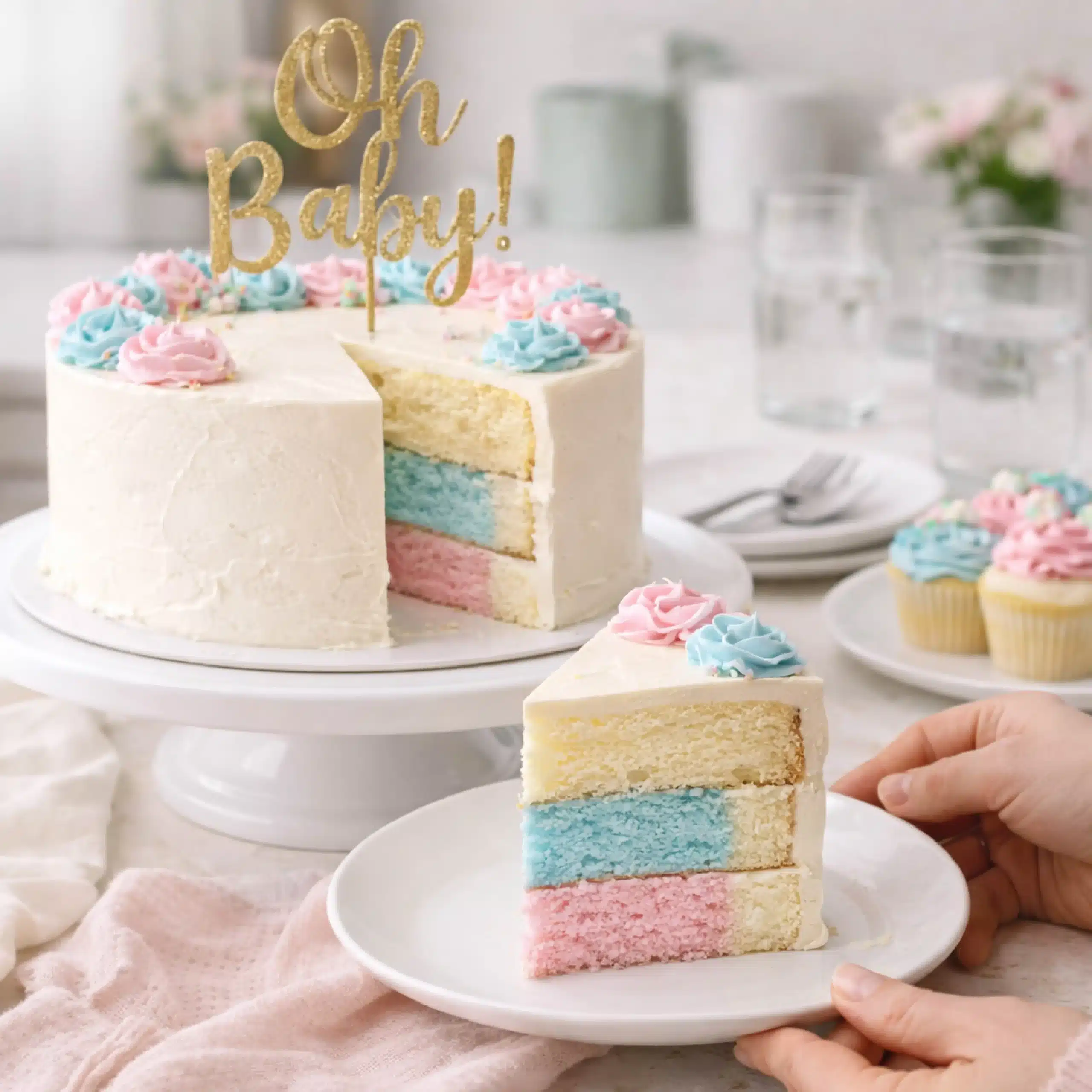 gender-reveal-cake-slice slicing a gender reveal cake