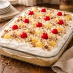 Millionaire cake in a glass baking dish topped with pineapple, coconut, pecans, and cherries