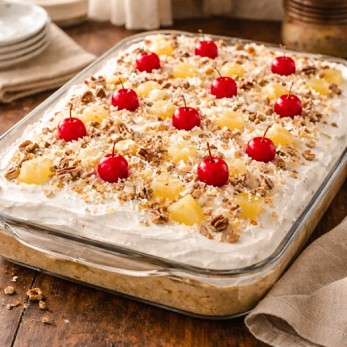Millionaire cake in a glass baking dish topped with pineapple, coconut, pecans, and cherries