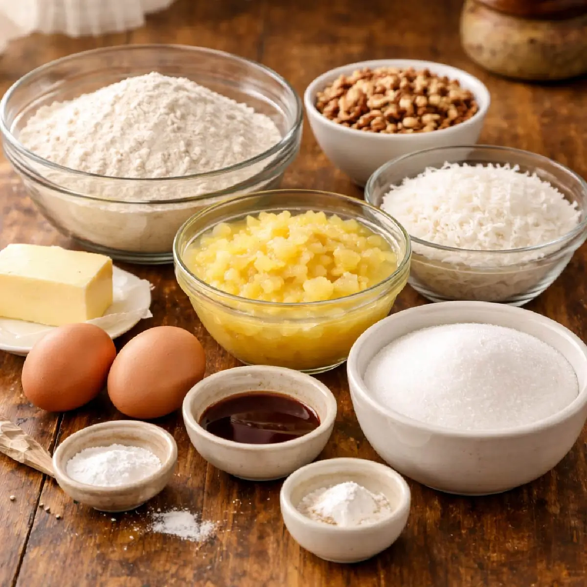 Ingredients for millionaire cake including pineapple, coconut, pecans, eggs, and flour
