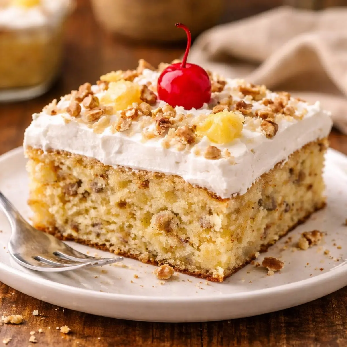 Slice of millionaire cake topped with frosting, pineapple, coconut, pecans, and a cherry