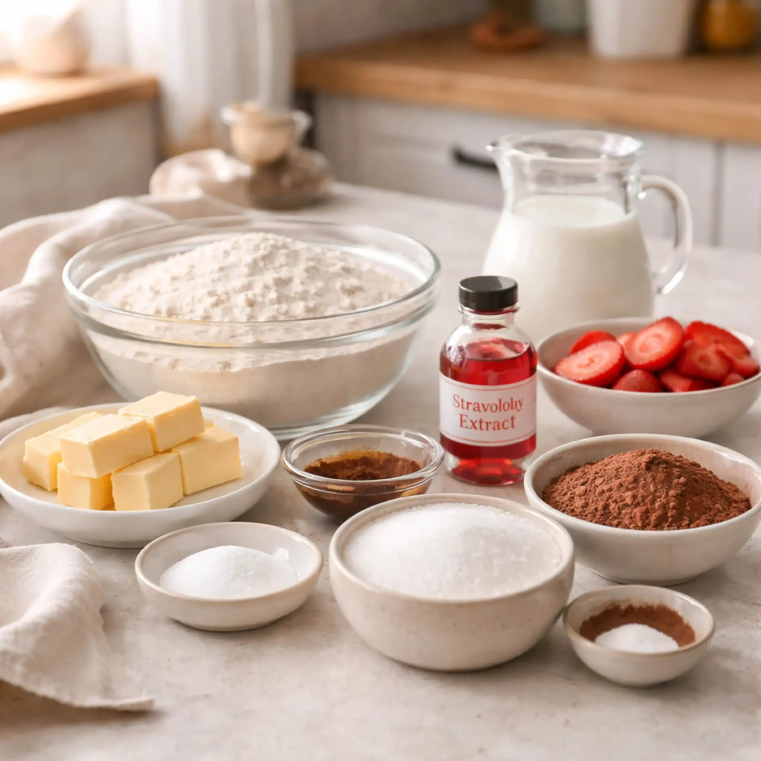 neapolitan-cake-ingredients ingredients for layered vanilla chocolate strawberry cake