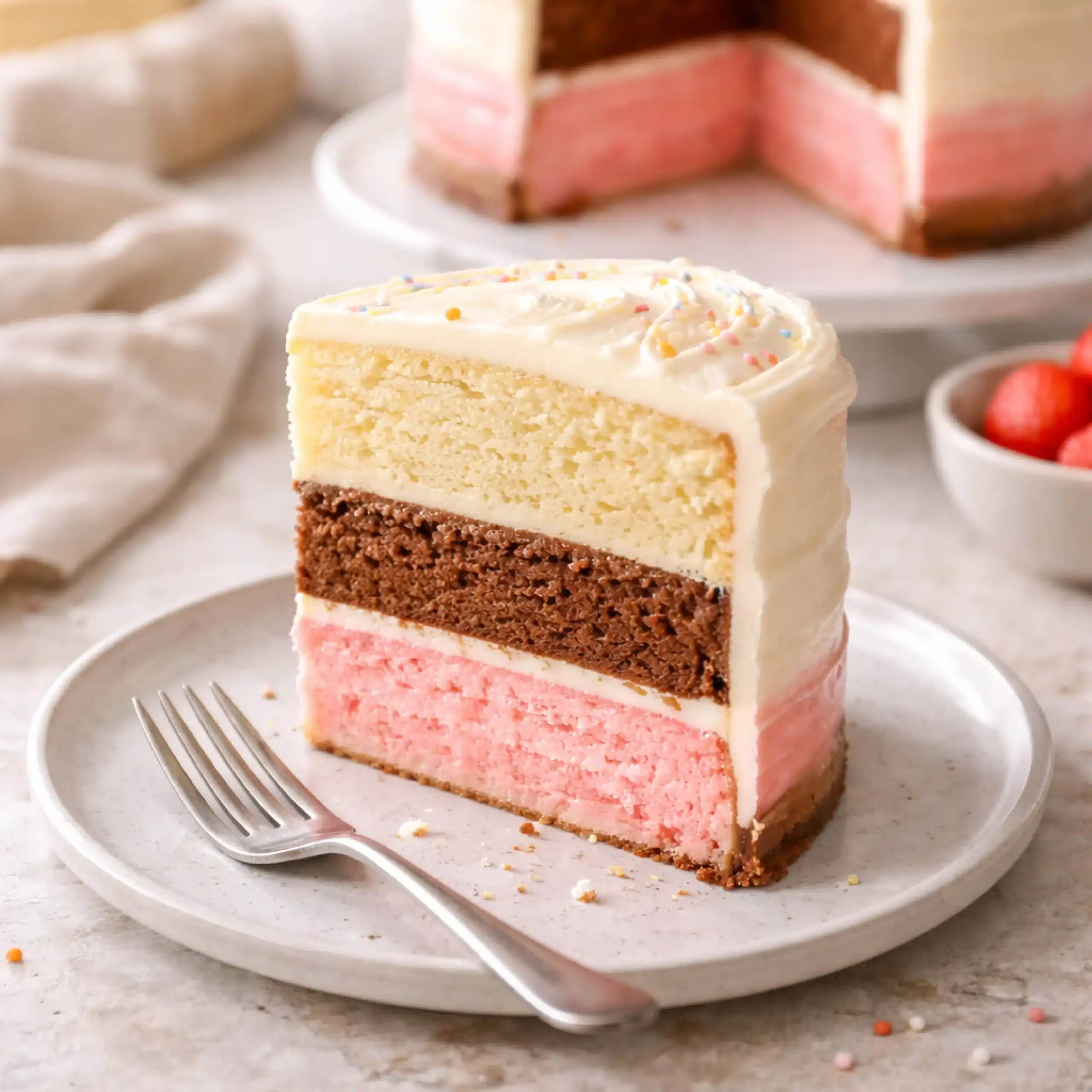 neapolitan-cake-slices sliced three flavor layer cake