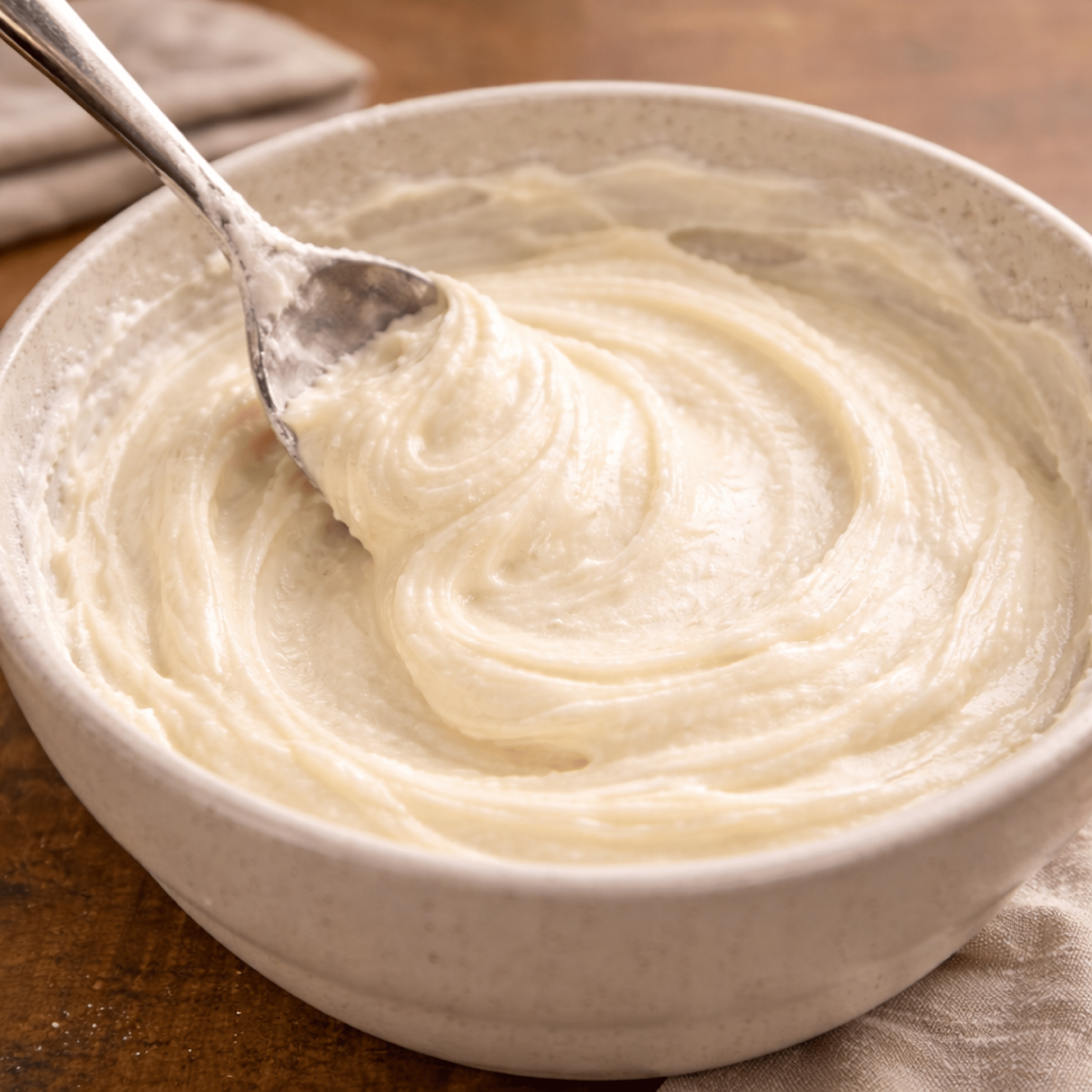 Creamy powdered sugar frosting whipped until smooth and glossy in a ceramic bowl, showing soft swirls and a thick, spreadable texture.