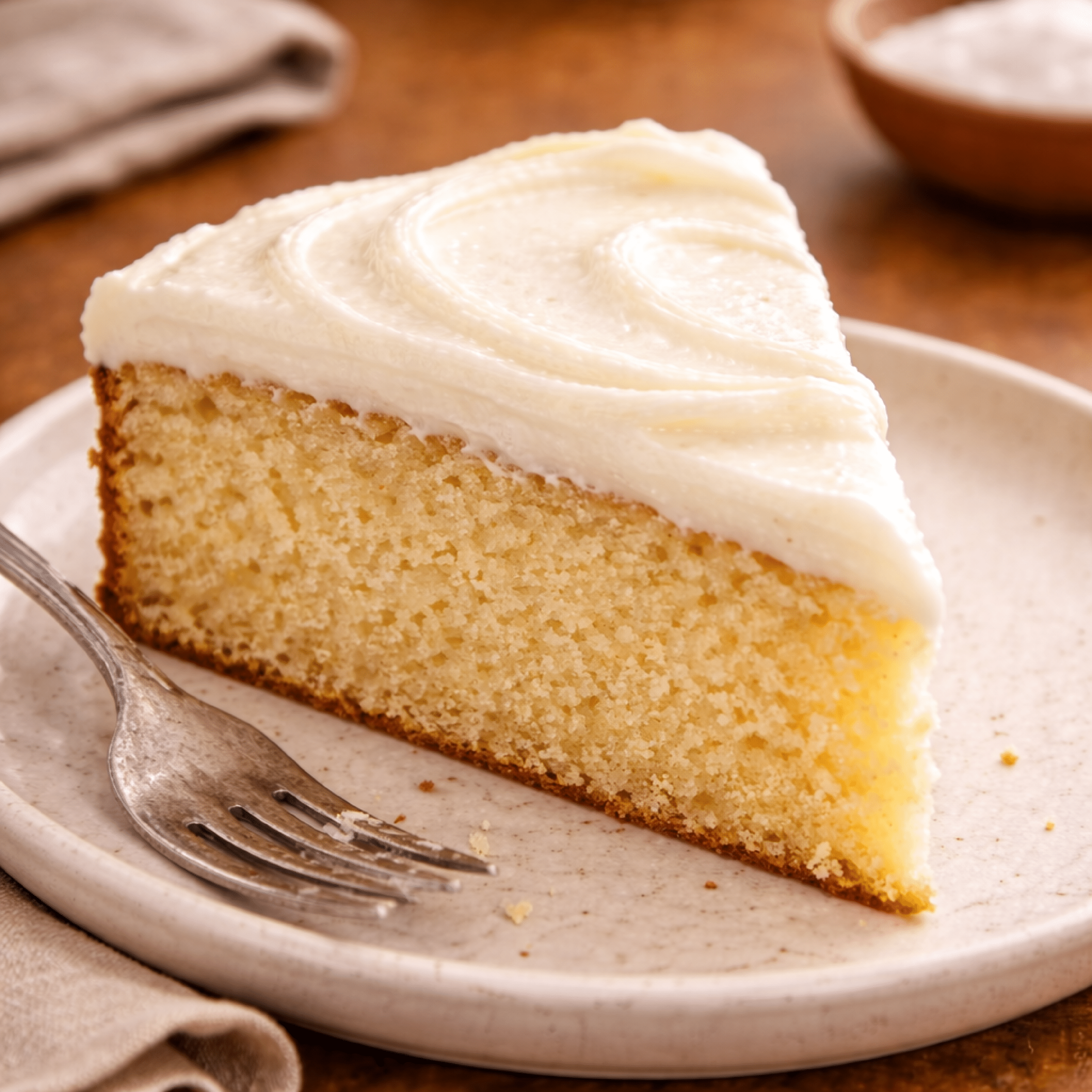 Slice of vanilla cake topped with smooth powdered sugar frosting, showing a moist crumb and creamy swirl on top served on a simple plate.