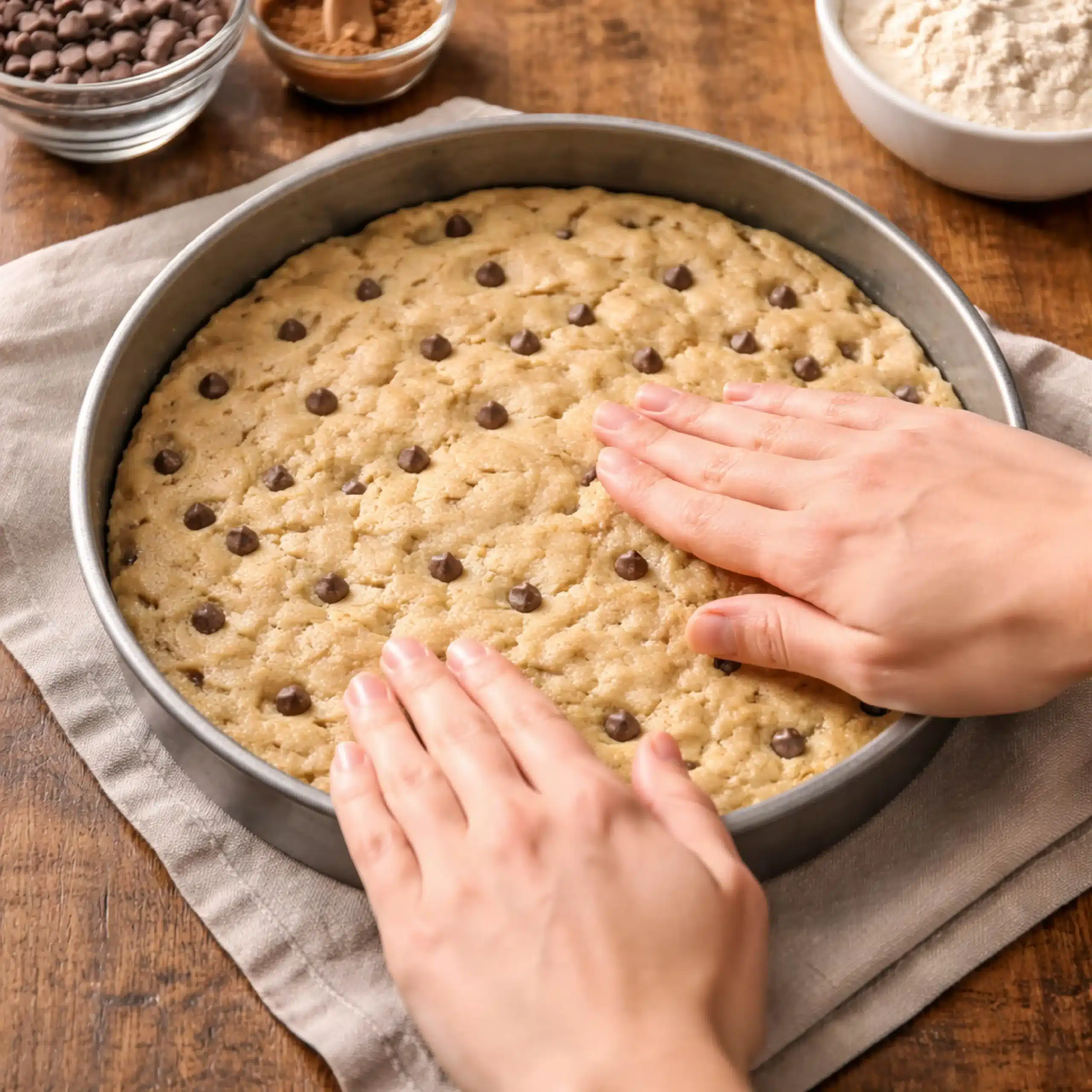 pressing-cookie-cake-dough-into-pan pressing dough into pan