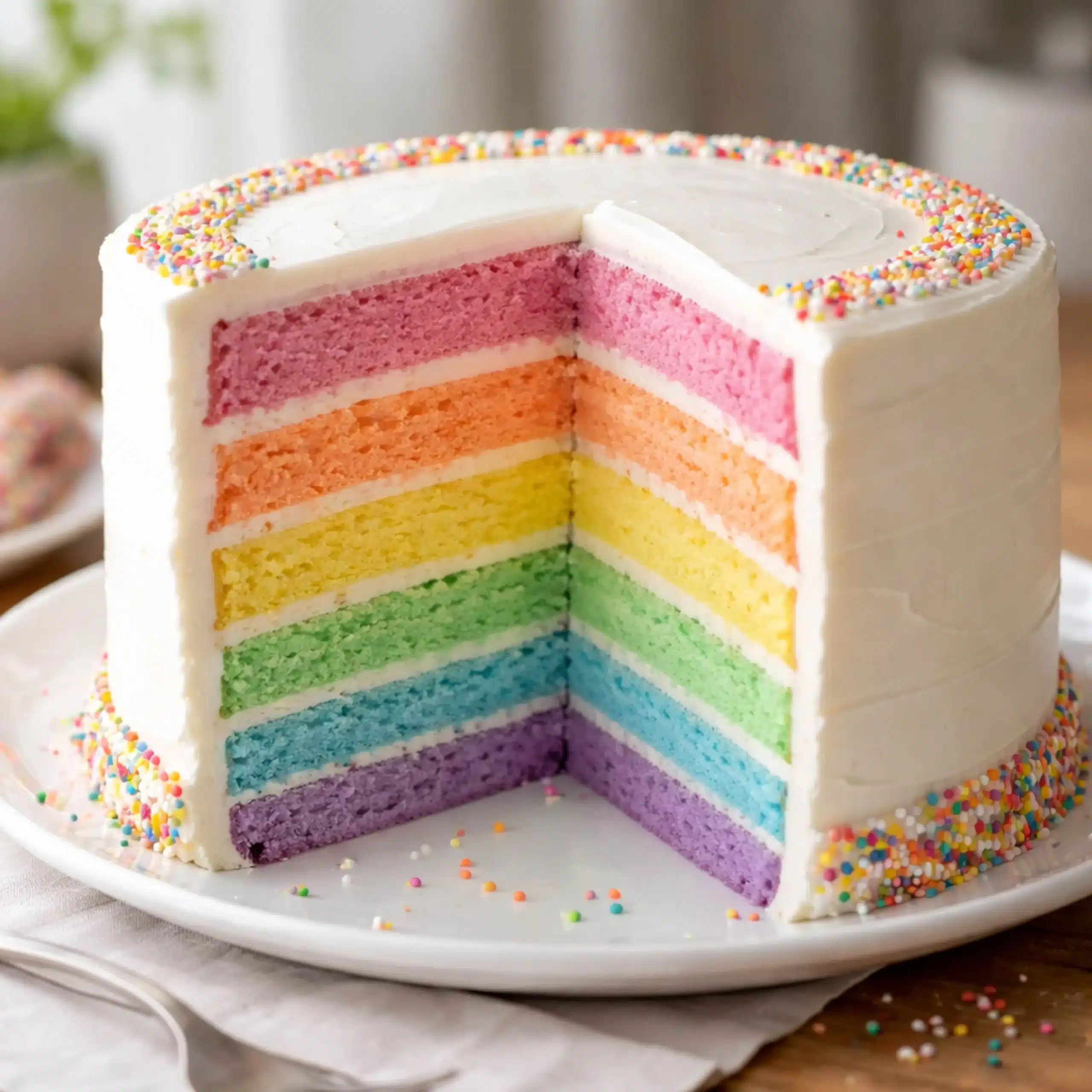rainbow-cake-featured rainbow cake sliced with colorful layers