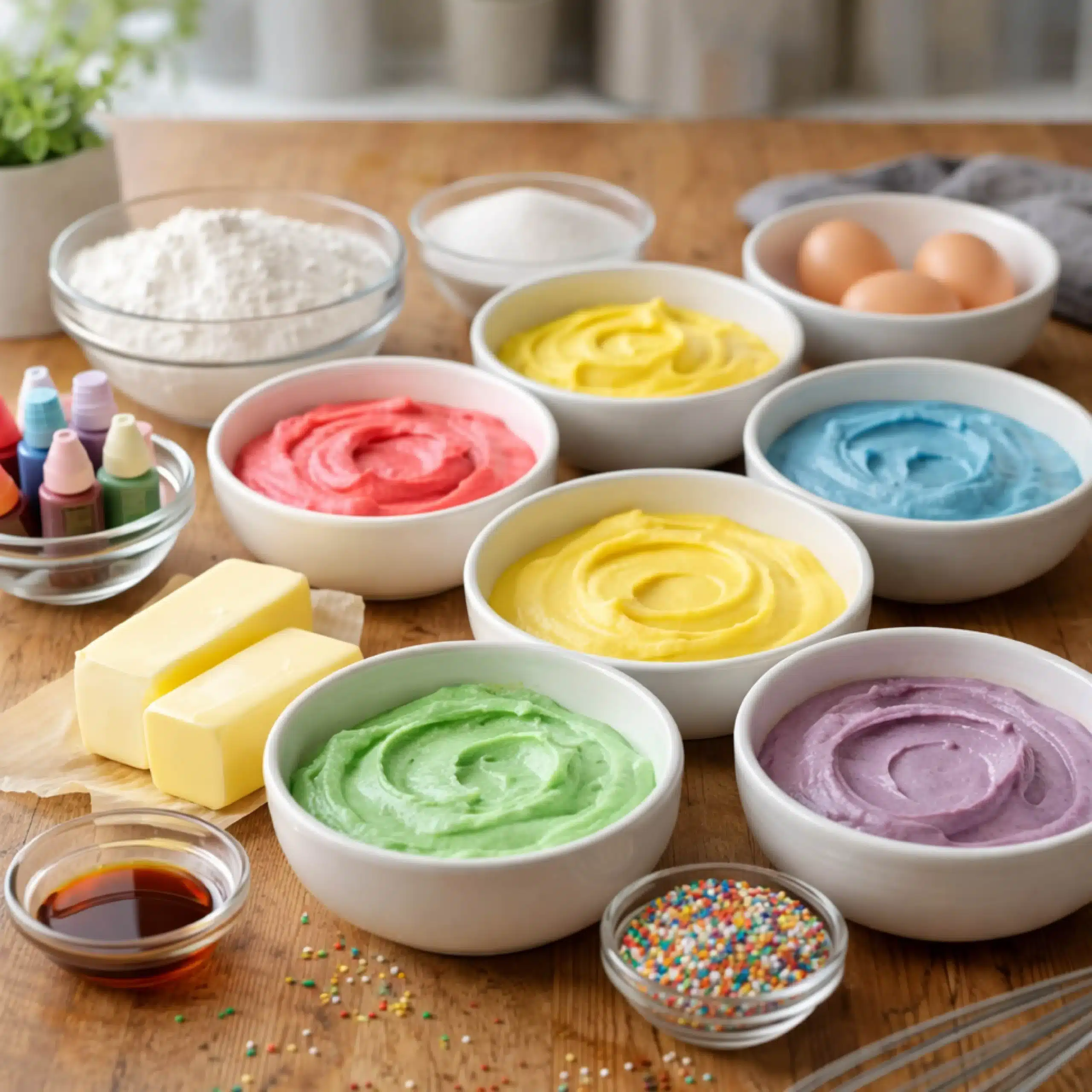rainbow-cake-ingredients rainbow cake ingredients on kitchen counter