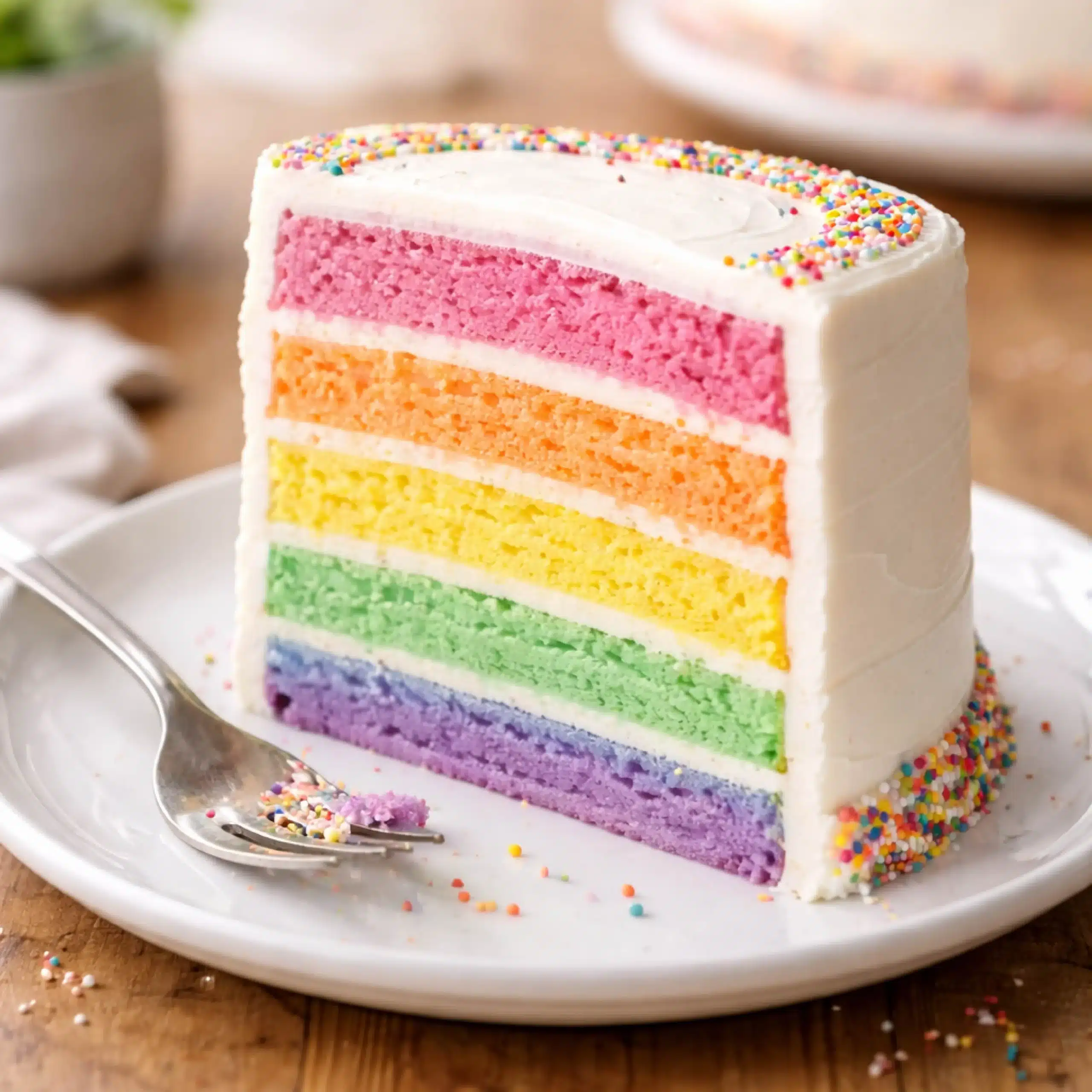 rainbow-cake-slice slice of rainbow cake on plate