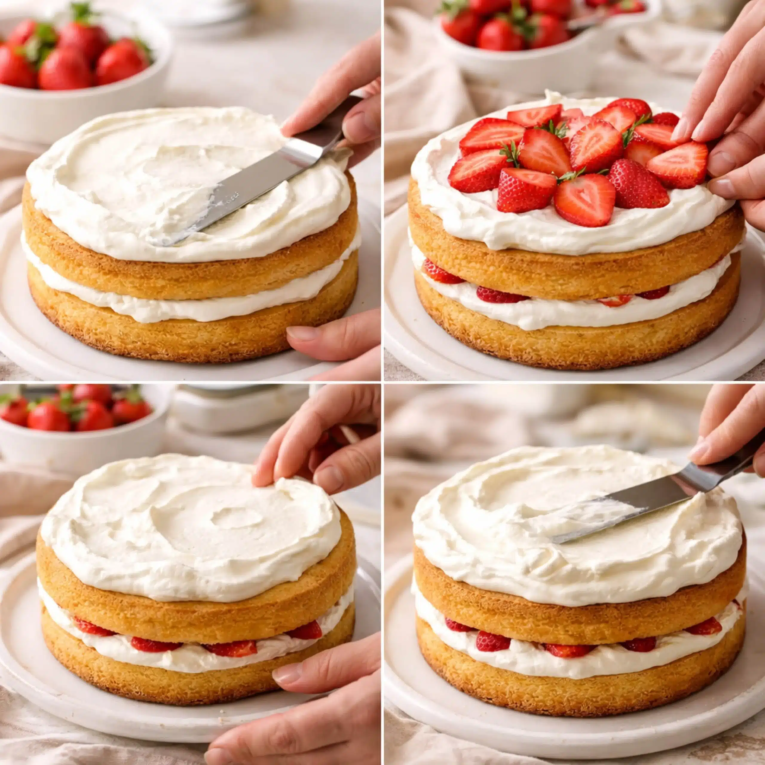 strawberry-cake-assembly layering strawberries and whipped cream on cake