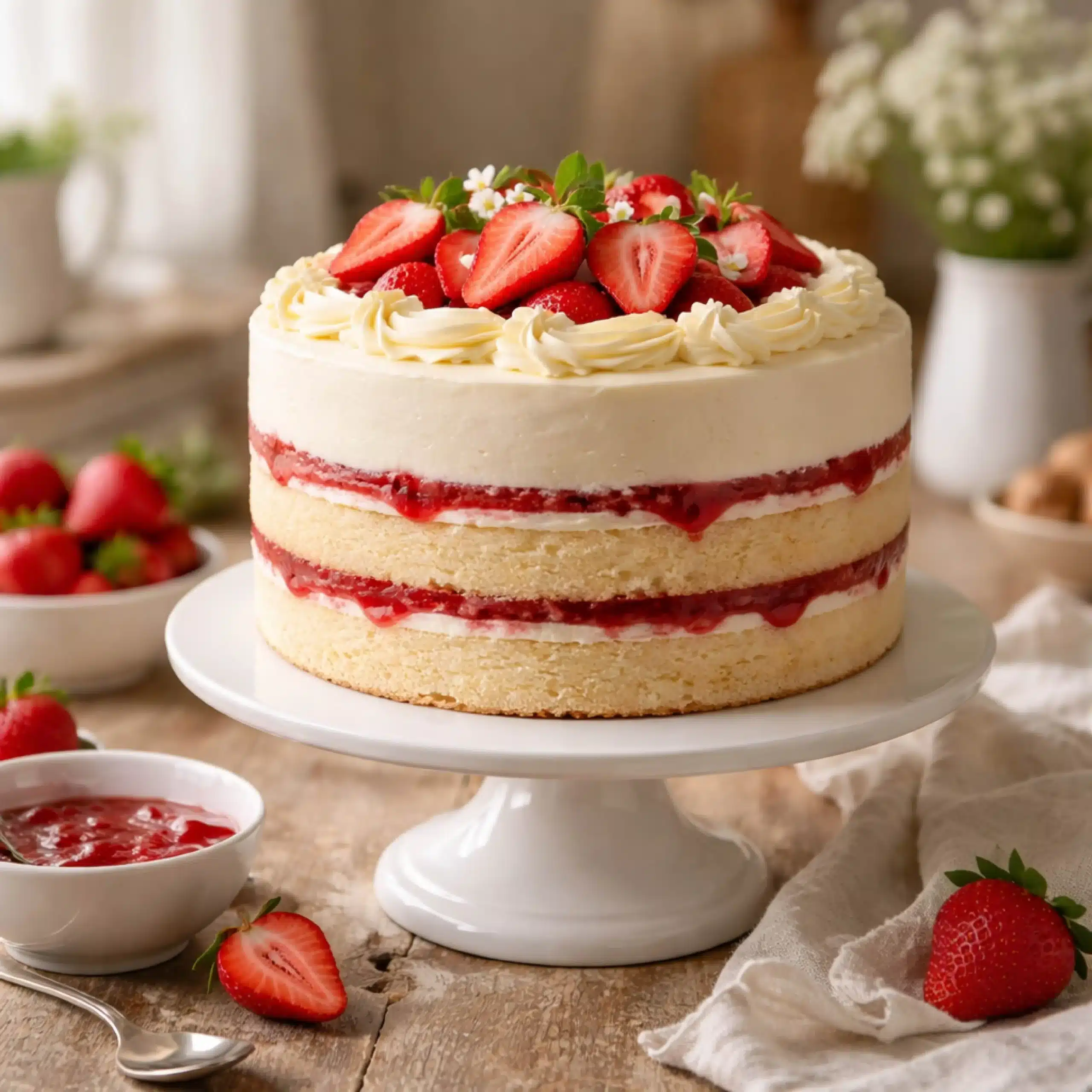 strawberry vanilla cake on cake stand