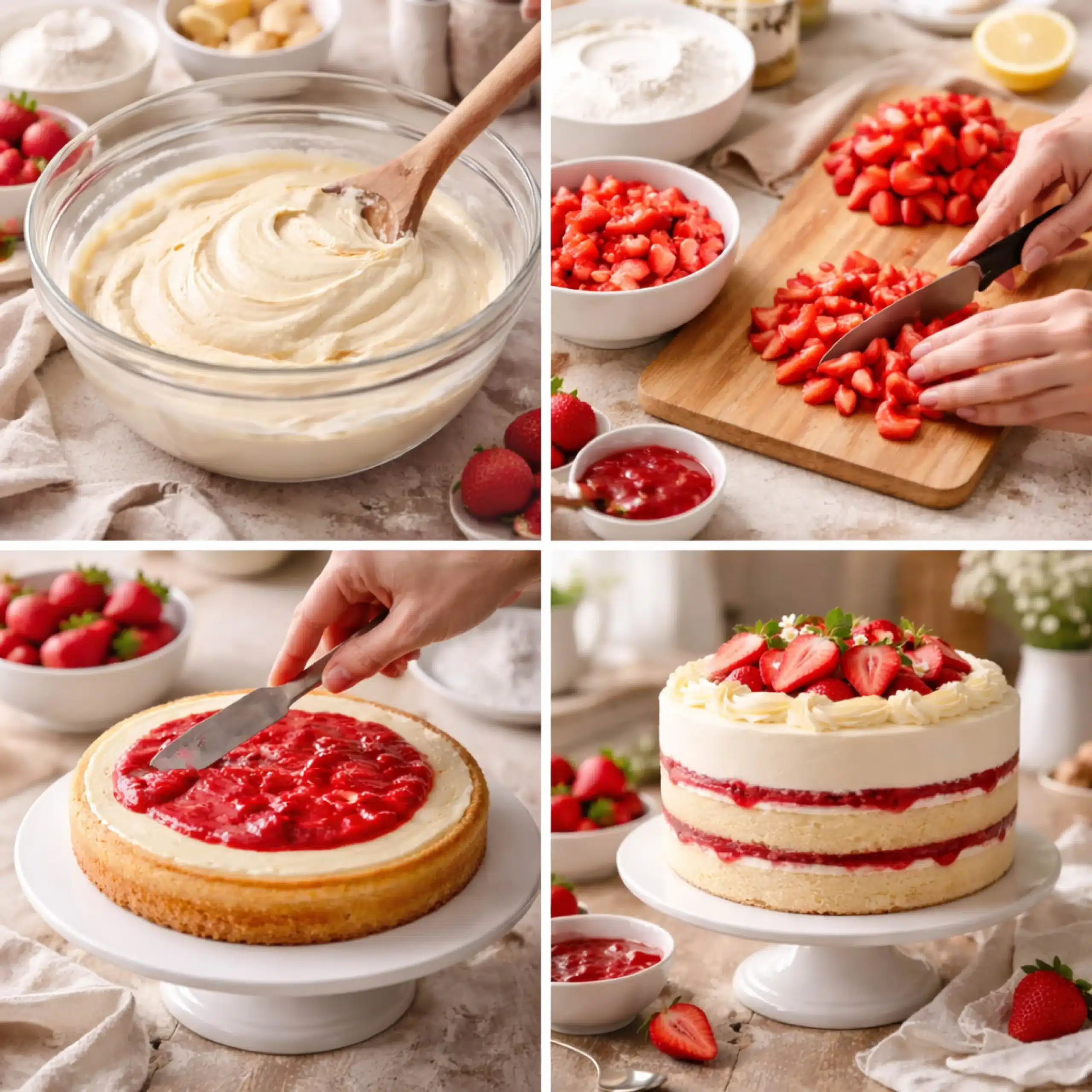 assembling strawberry vanilla cake