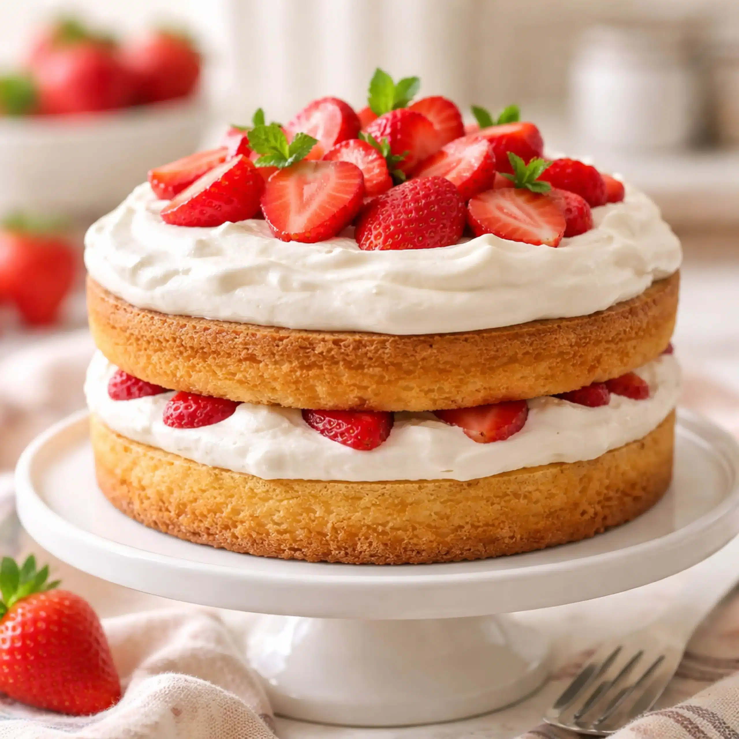strawberry-whipped-cream-cake-featured strawberry cake with whipped cream and fresh strawberries