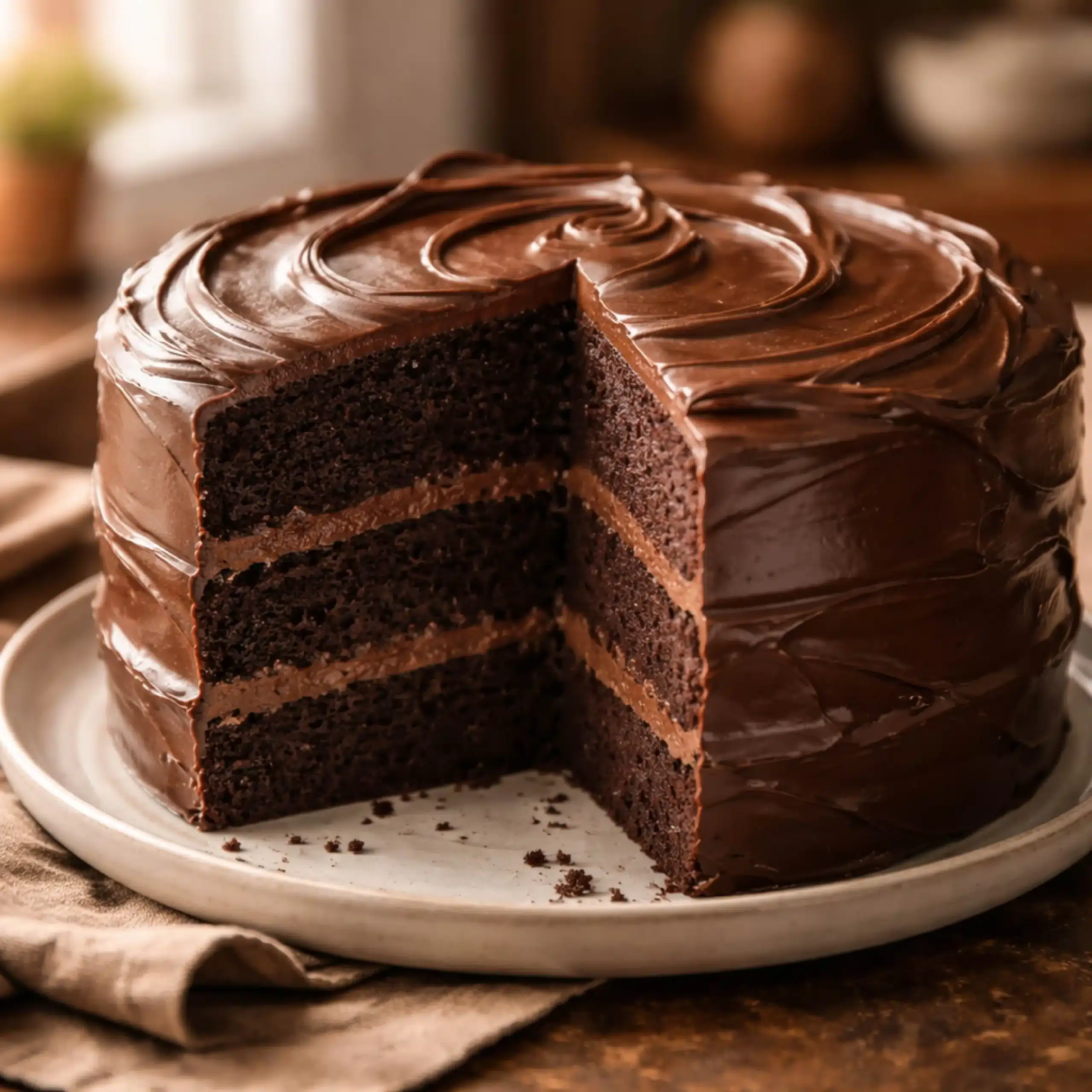 triple chocolate cake on a plate